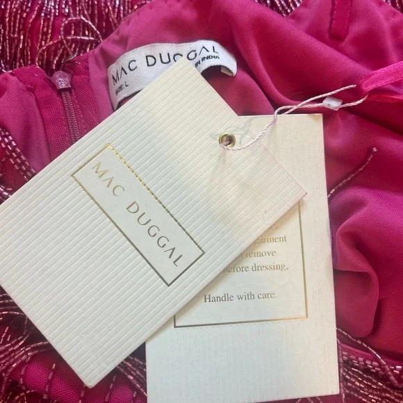 Mac Duggal 10006 Slim Strap Beaded Fringe Mini Slip Dress Sz Large NWT Hot Pink - Picture 3 of 4